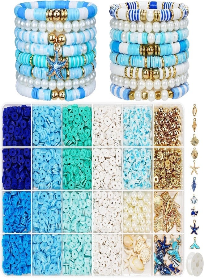 CARTSHOPPER Blue Ocean Clay Beads Bracelet Making kit with Golden Pearl Bead,Colorful Clay Beads with Charms, Spacer Beads | Strings for Diy Bracelets, Necklaces | Earrings - Perfect Craft Kit for Girls and Women - Image 1